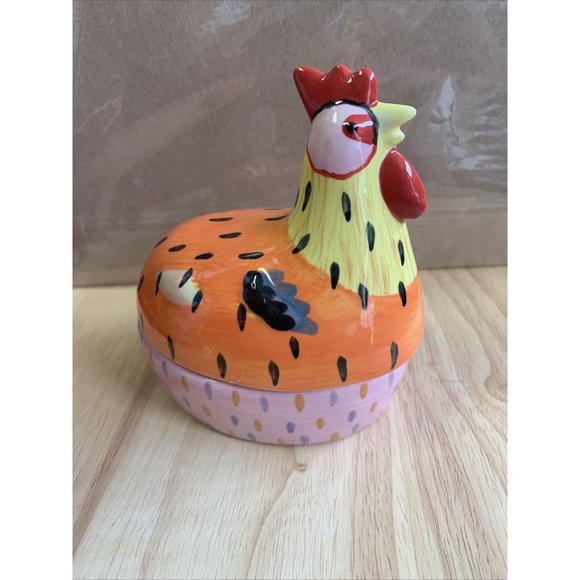 Other - Pfaltzgraff Pistoulet Sitting Chicken Jane Kotlpen trinket box orange blue 5.5"
